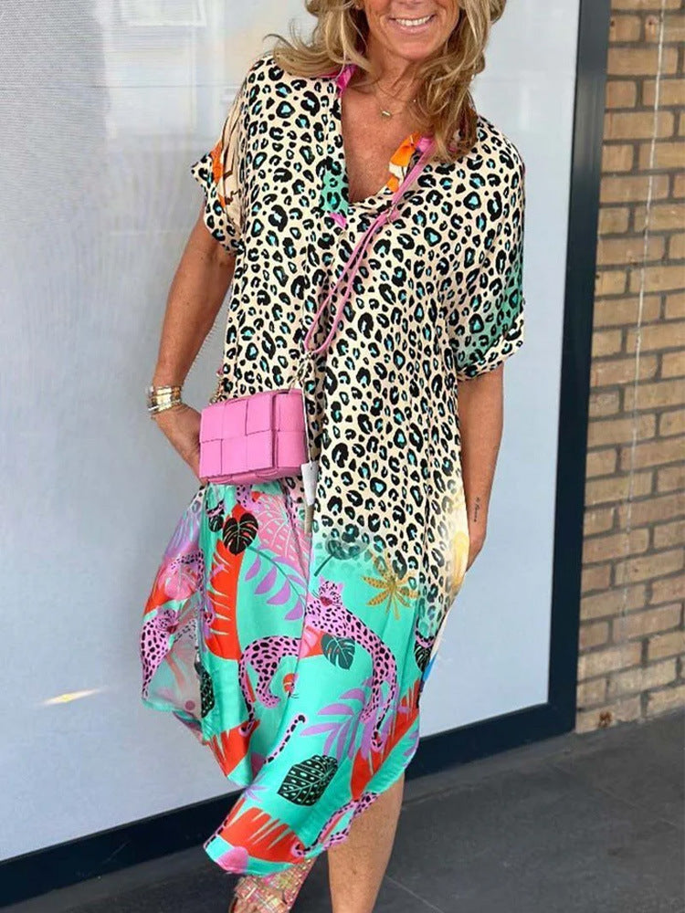 Women's Fashion Wear Half-open Collar Printed Loose Dresses