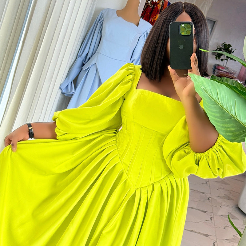Women's Square Collar Lantern Sleeve High Waist Slimming A- Dresses