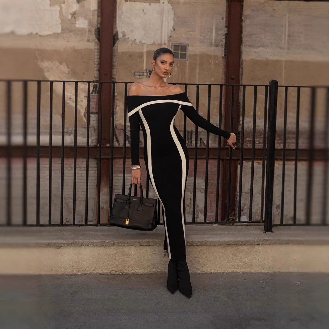 Elegant Sexy Contrast Color Slim Fit Dress Knitted Dresses