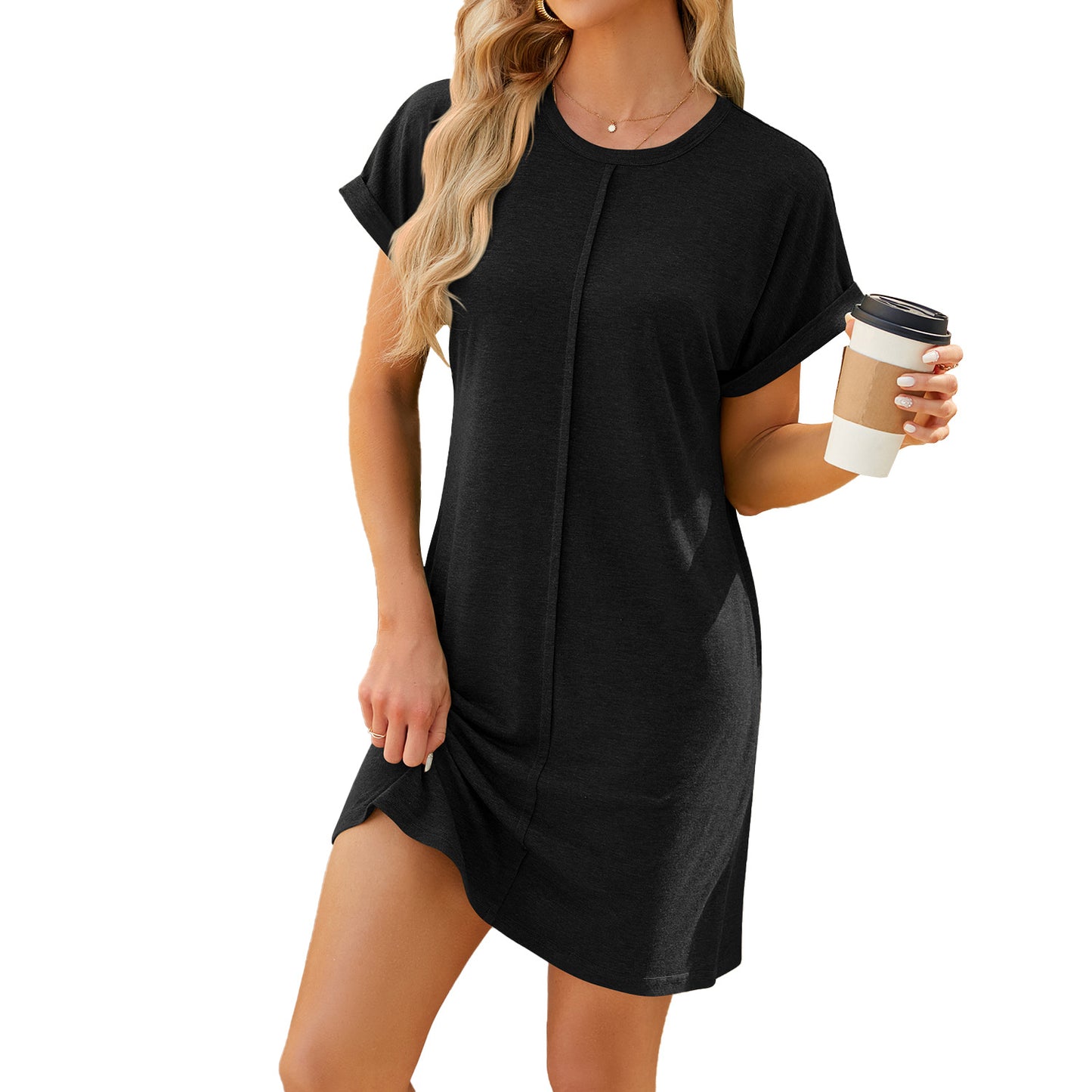 Women's Round Neck Solid Color Sleeve Loose Dress