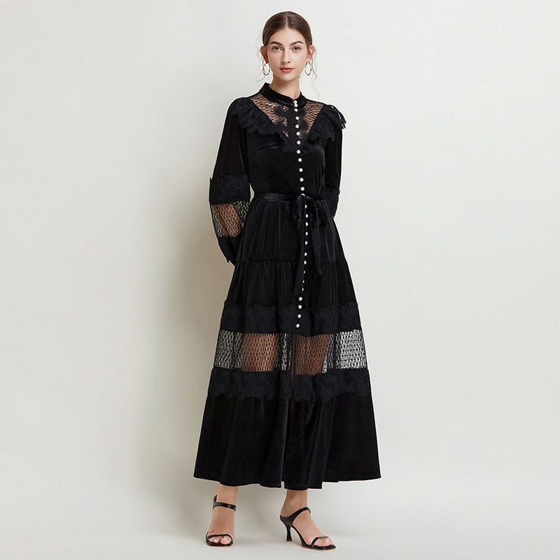 Women's Fashion Stand Collar Pearl Single-breasted Lace Stitching Dresses