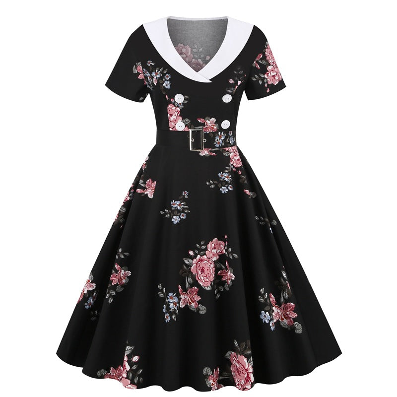 Retro Printed Patchwork Large Swing Hepburn Dresses