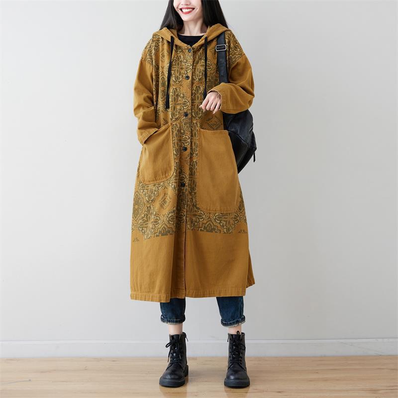 Women's Hooded Diamond Flower Long Denim Single-breasted Coats