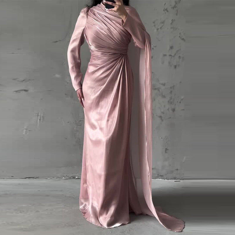 Women's Elegant Irregular Pleated Slim Green Dress Dresses