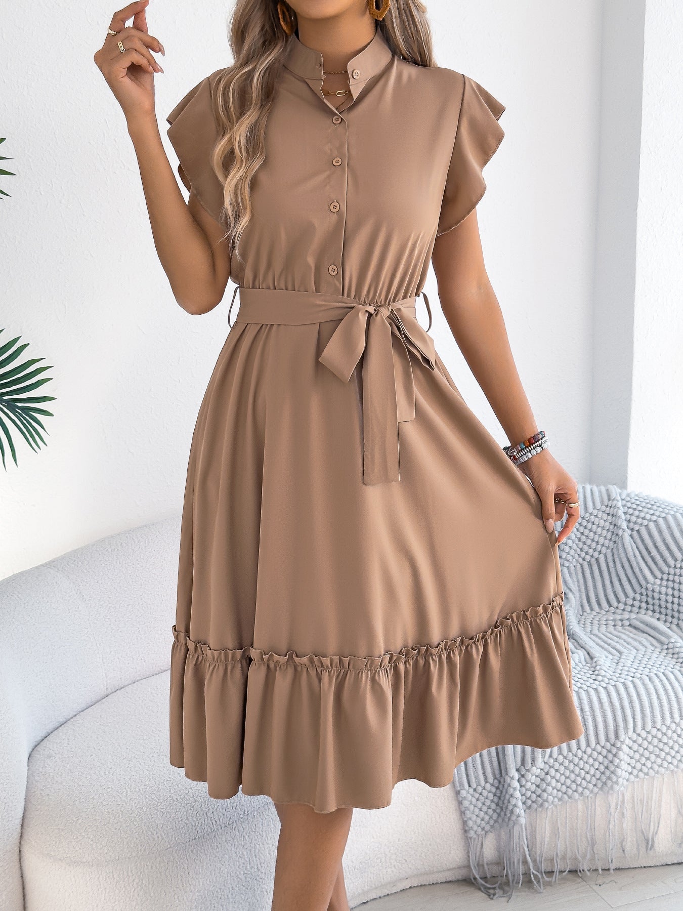 Women's Casual Stand Collar Ruffled Tied Fitted Waist Clothing