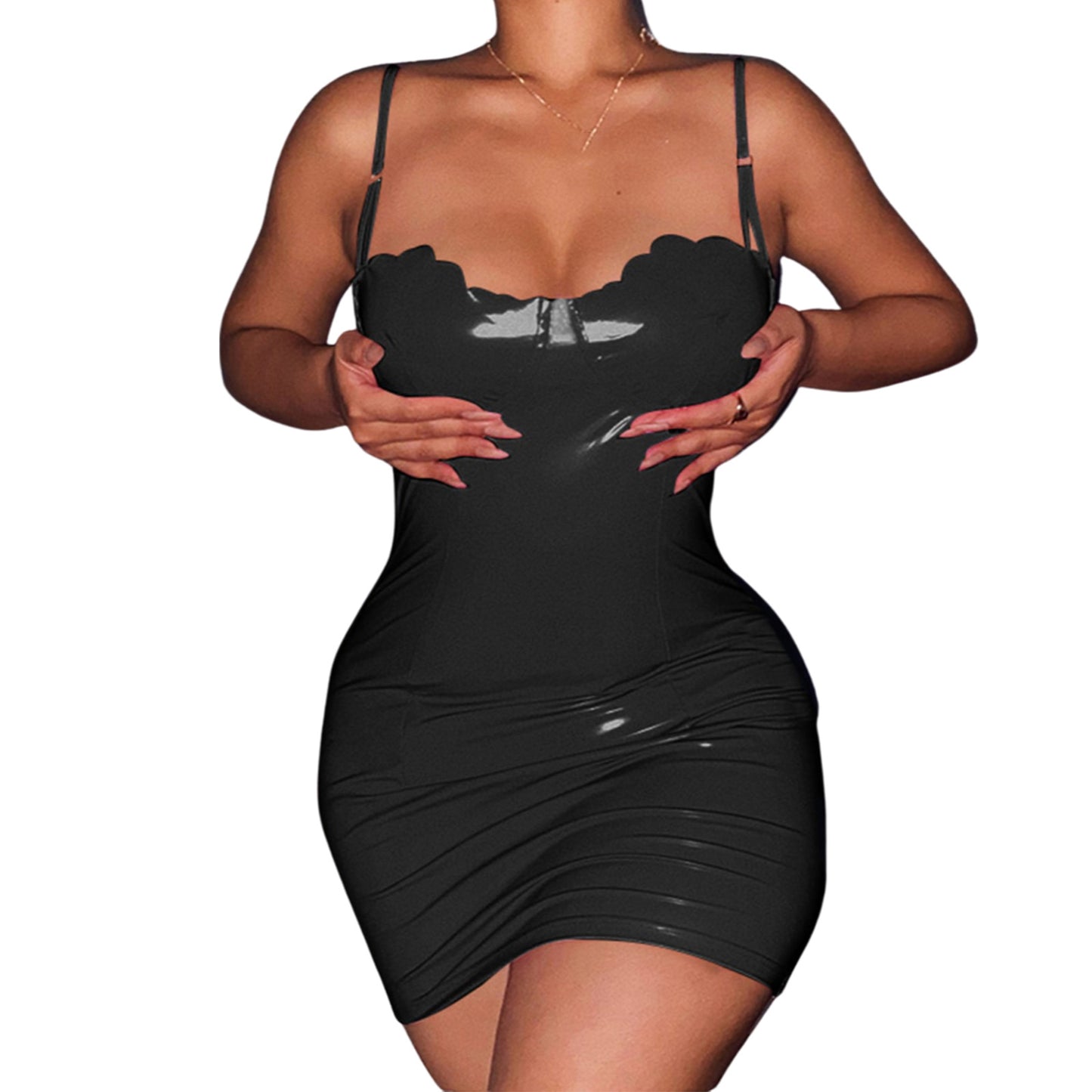 Women's Pink Square Collar Leather Spring Sexy Dress