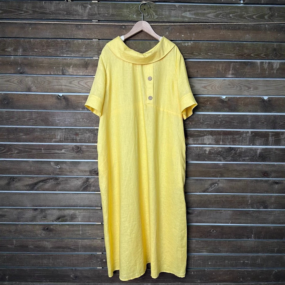 Women's Cotton Linen Casual Loose Pile Collar Sleeve Dress