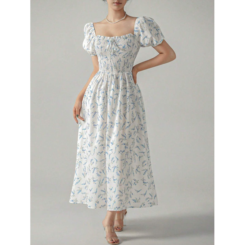 Square Collar Puff Sleeve Printed Elegant Dress