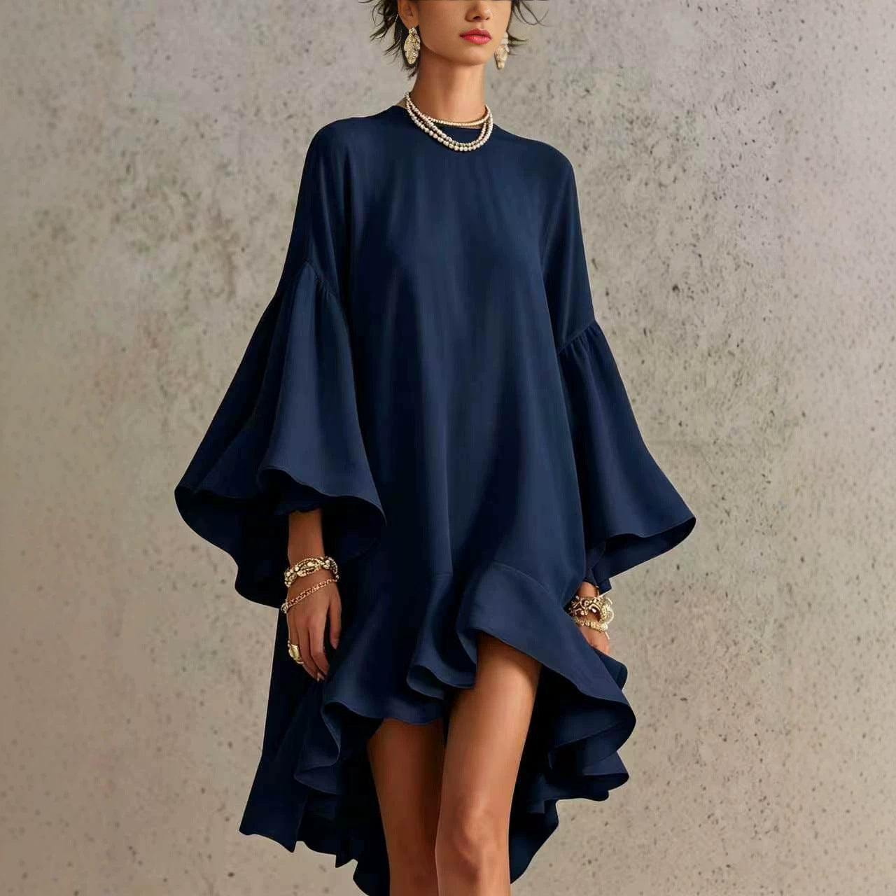Color Round Neck Large Bell Sleeve Ruffled Dress