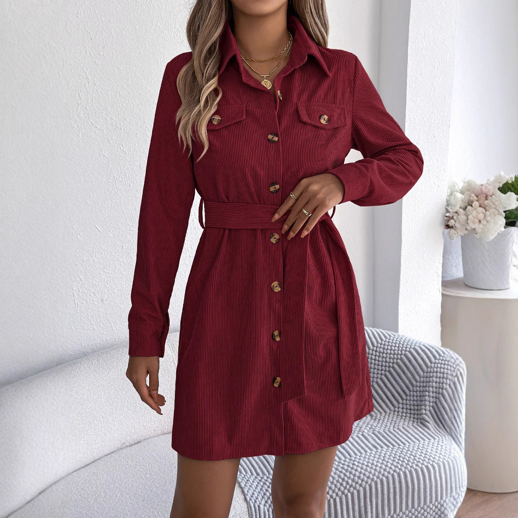 Women's Casual Solid Color Single-breasted Long Sleeve Corduroy Dress