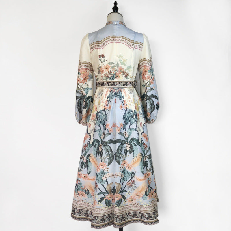 Sleeve Big Hem Positioning Printed Single Row Flower Beads Dresses