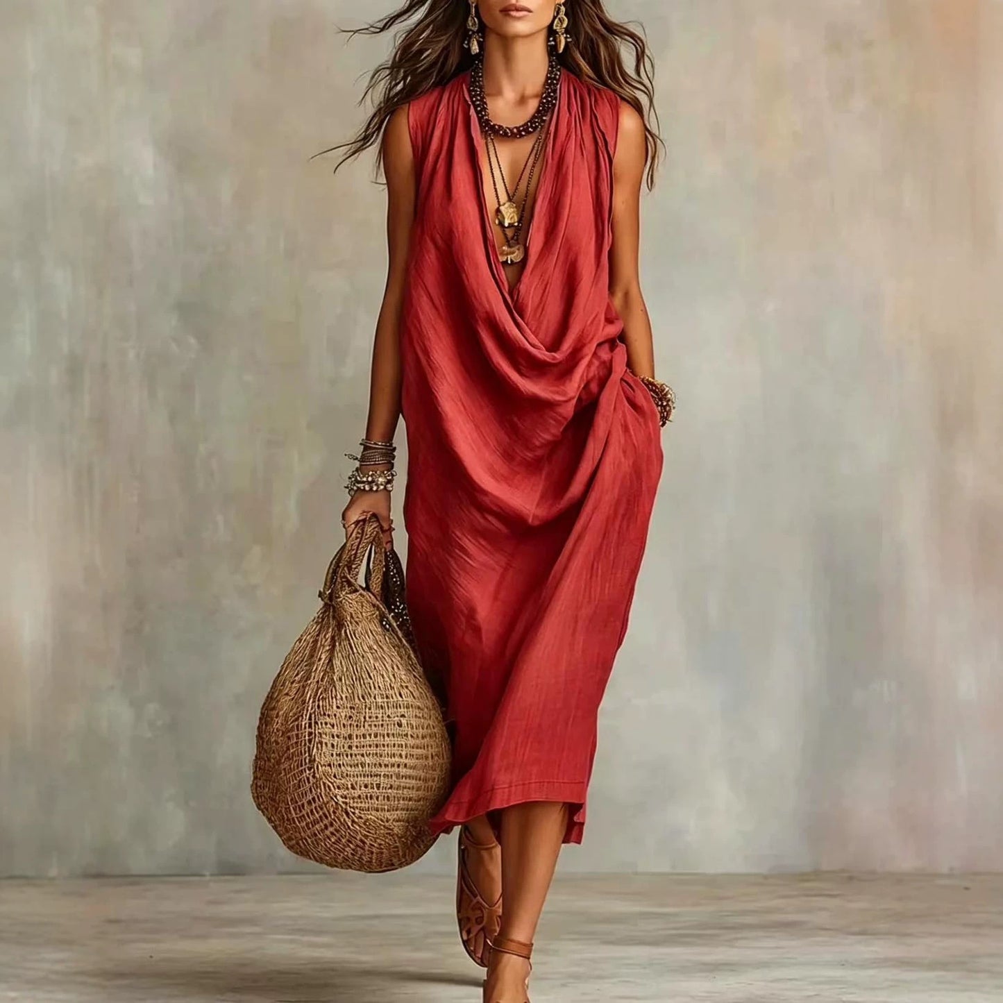 Women's Casual Sleeve Loose Swing Collar Cotton Dress