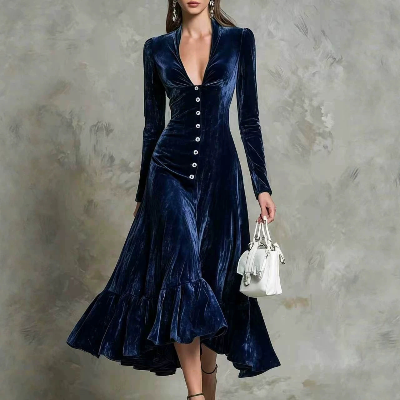 Solid Color Buttons Lapel Long Sleeve Waist Dress