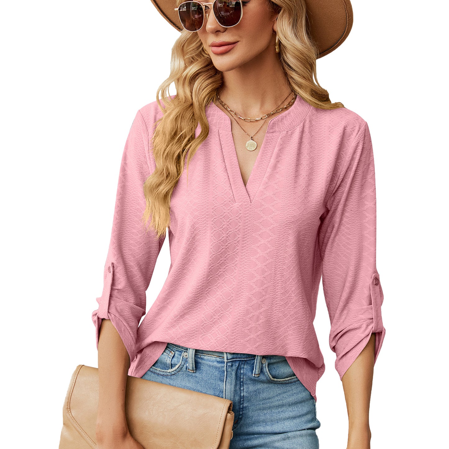 Women's Solid Color Three-quarter Sleeve Button Loose-fitting Tops