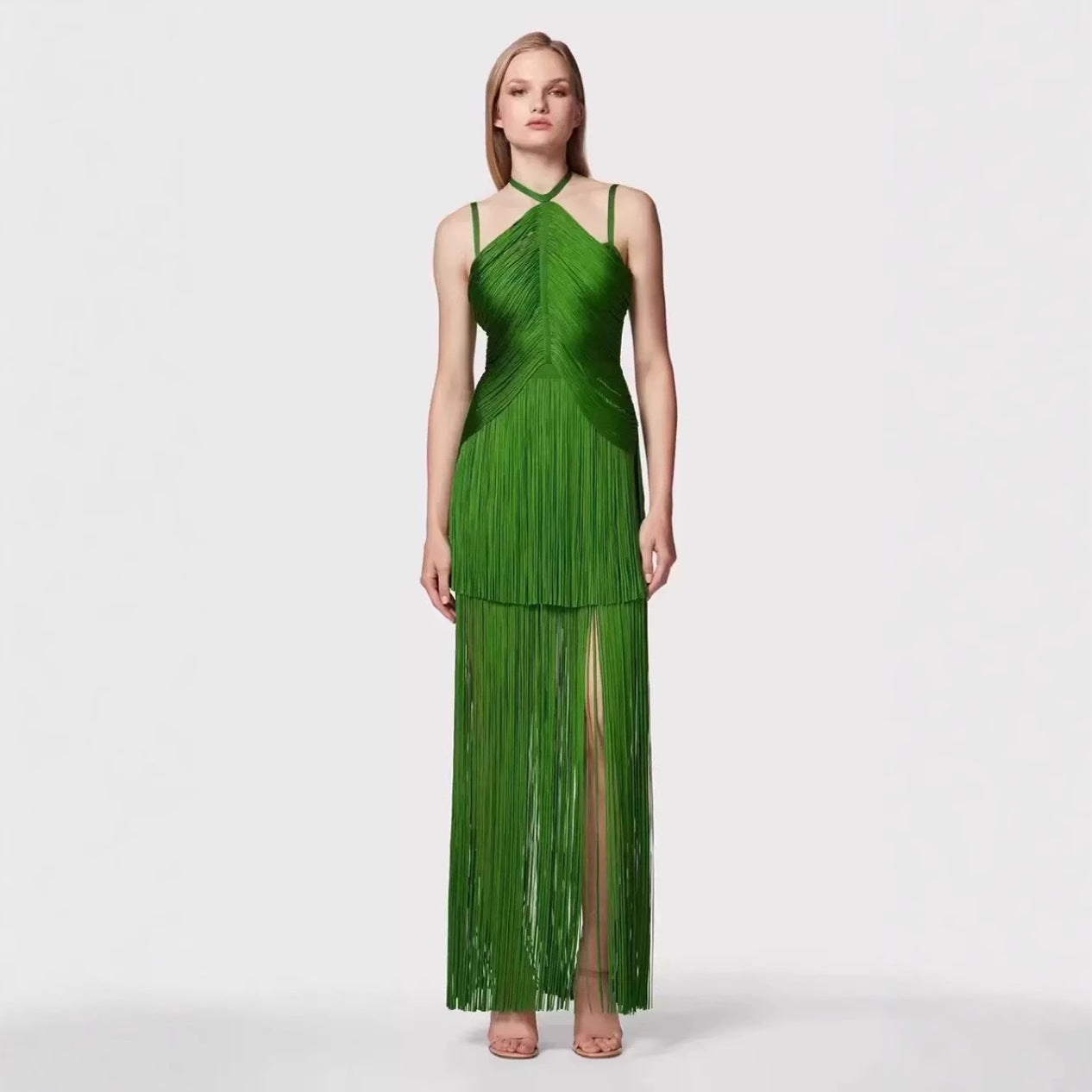 Green Halter Spaghetti Straps Long Dress Fringed Hem Dinner Dresses