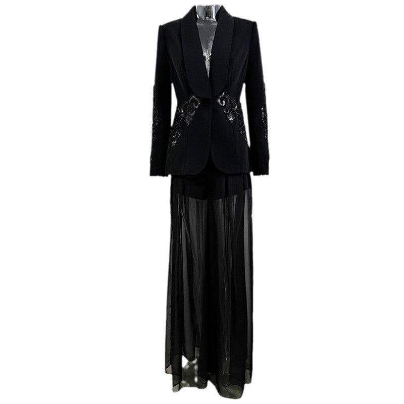 Early Spring Mesh Splicing Beads Chiffon Fashion Casual Suit