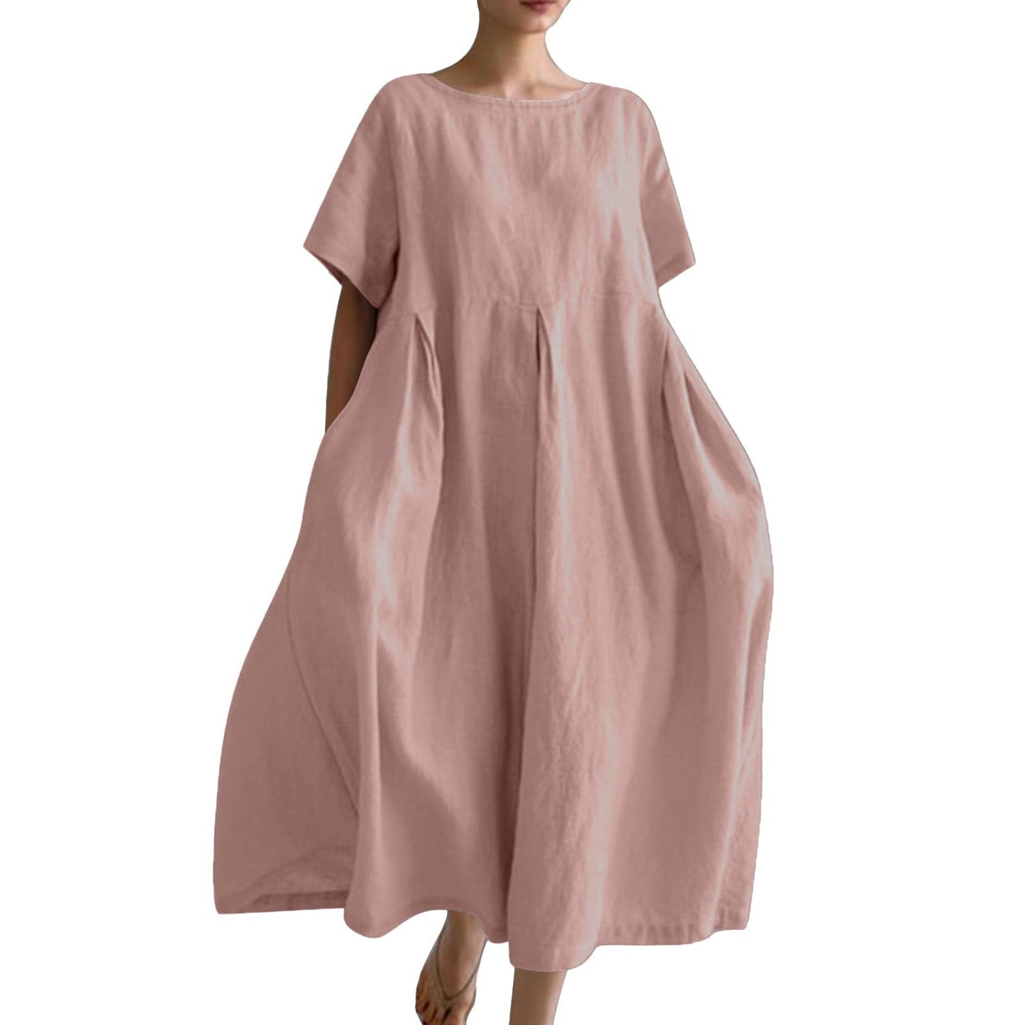 Women's Cotton Linen Loose Round Neck Fashion Dress