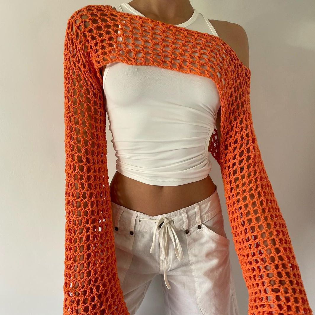 Women's Crochet Casual Bell Sleeve Sexy Mesh Women's Sweater