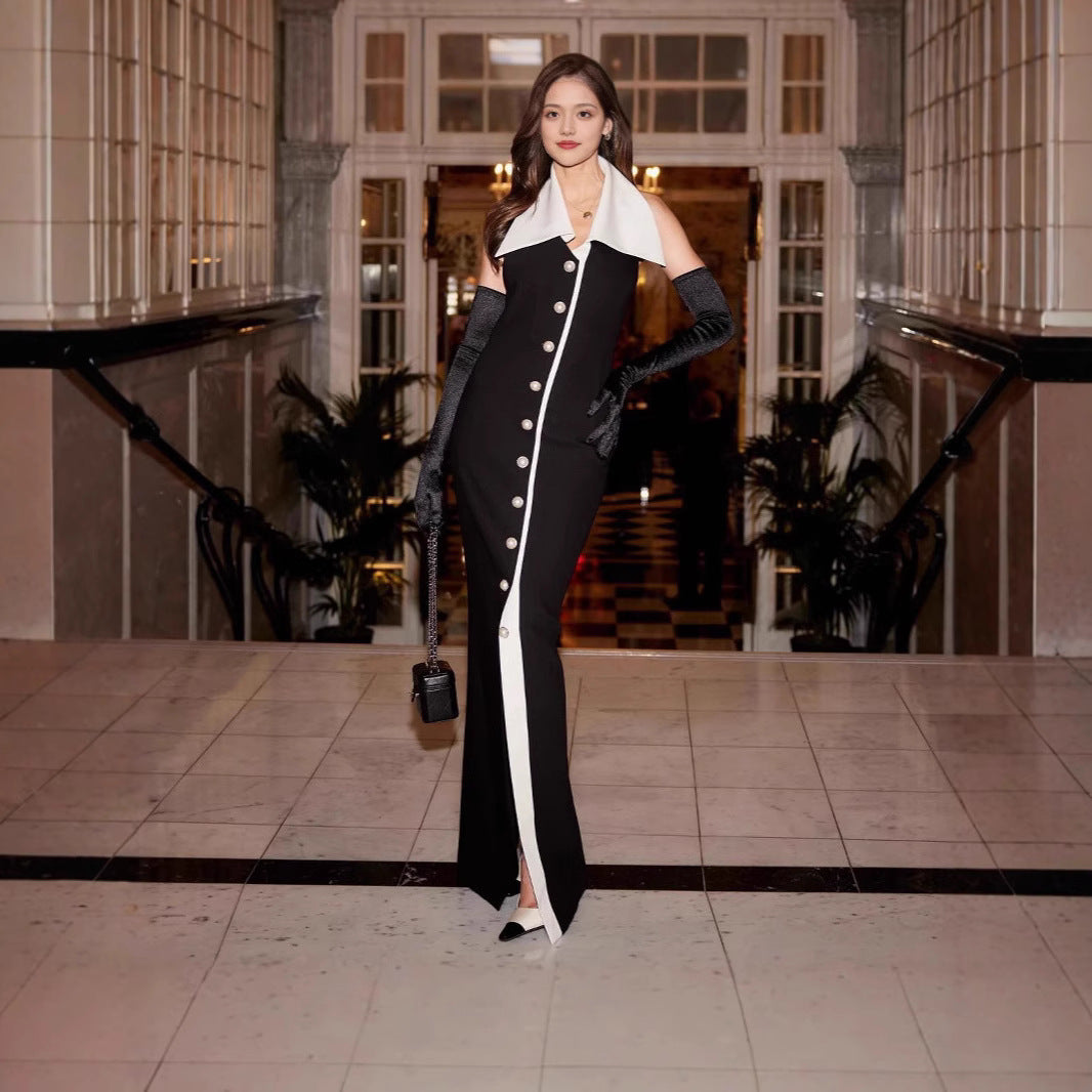Color Contrast Reverse Collar Design Sense Mid-length Advanced Black White Dress