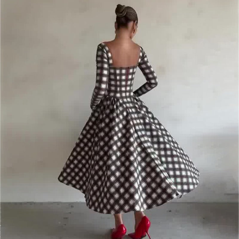 Women's Collar Plaid Long Sleeve Slim Fit Dresses