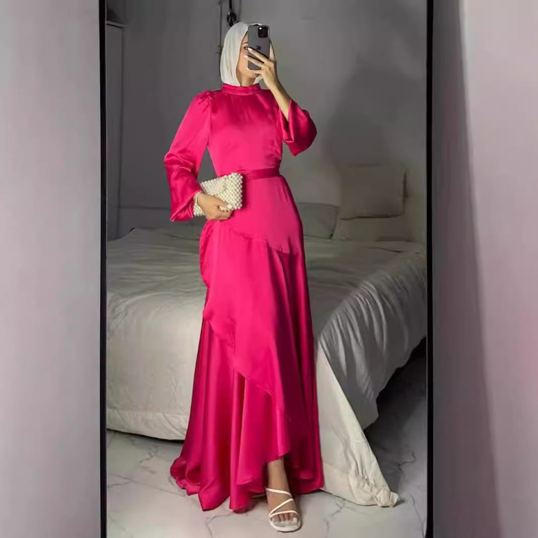 Women's Wear Satin Pure Color Ruffles Large Dresses