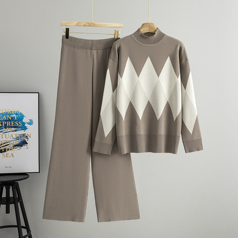 Women's Rhombus Mock Neck Idle Style Two-piece Fashion Casual Suit