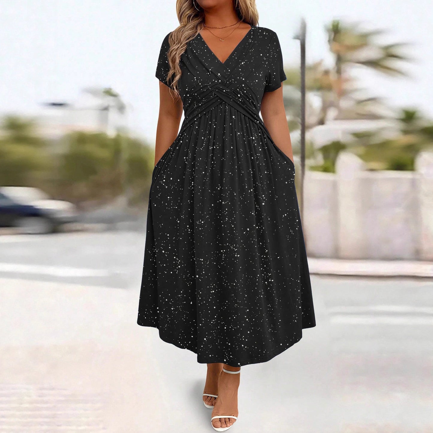 Women's Dusting Powder Shiny Twisted Sleeve With Dress
