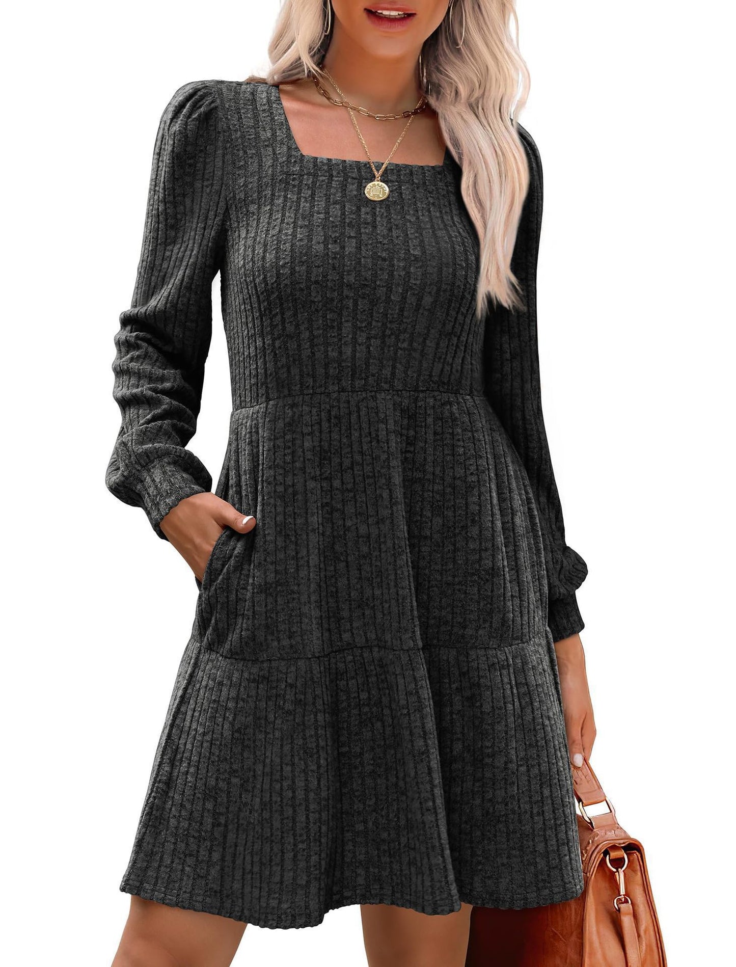 Square Collar Sunken Stripe Knitted Pocket Skirts