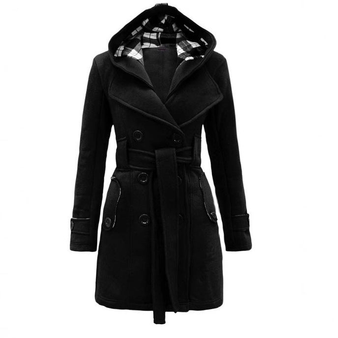 Women's Plaid Hooded Woolen Belt Double-breasted Long Coats