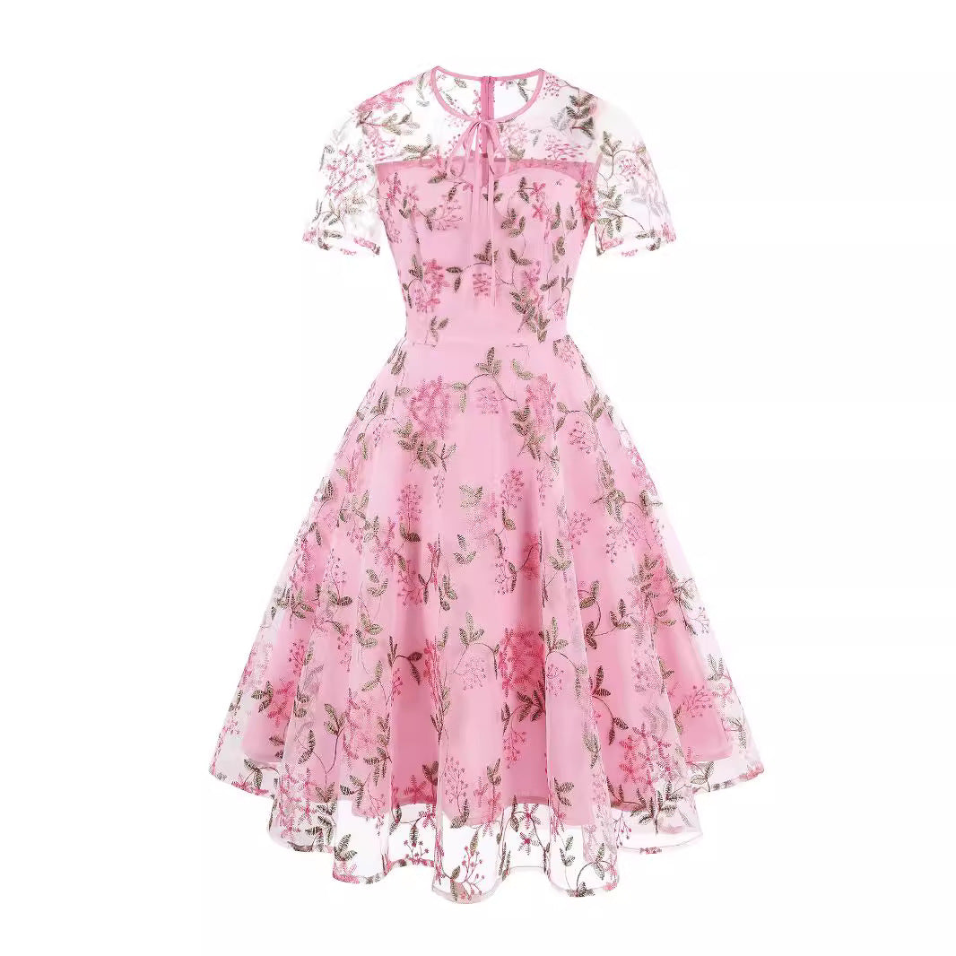 Women's Fashion Mesh Embroidered Dress Summer Sleeve Dresses