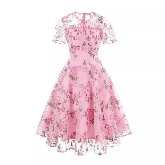 Women's Fashion Mesh Embroidered Dress Summer Sleeve Dresses