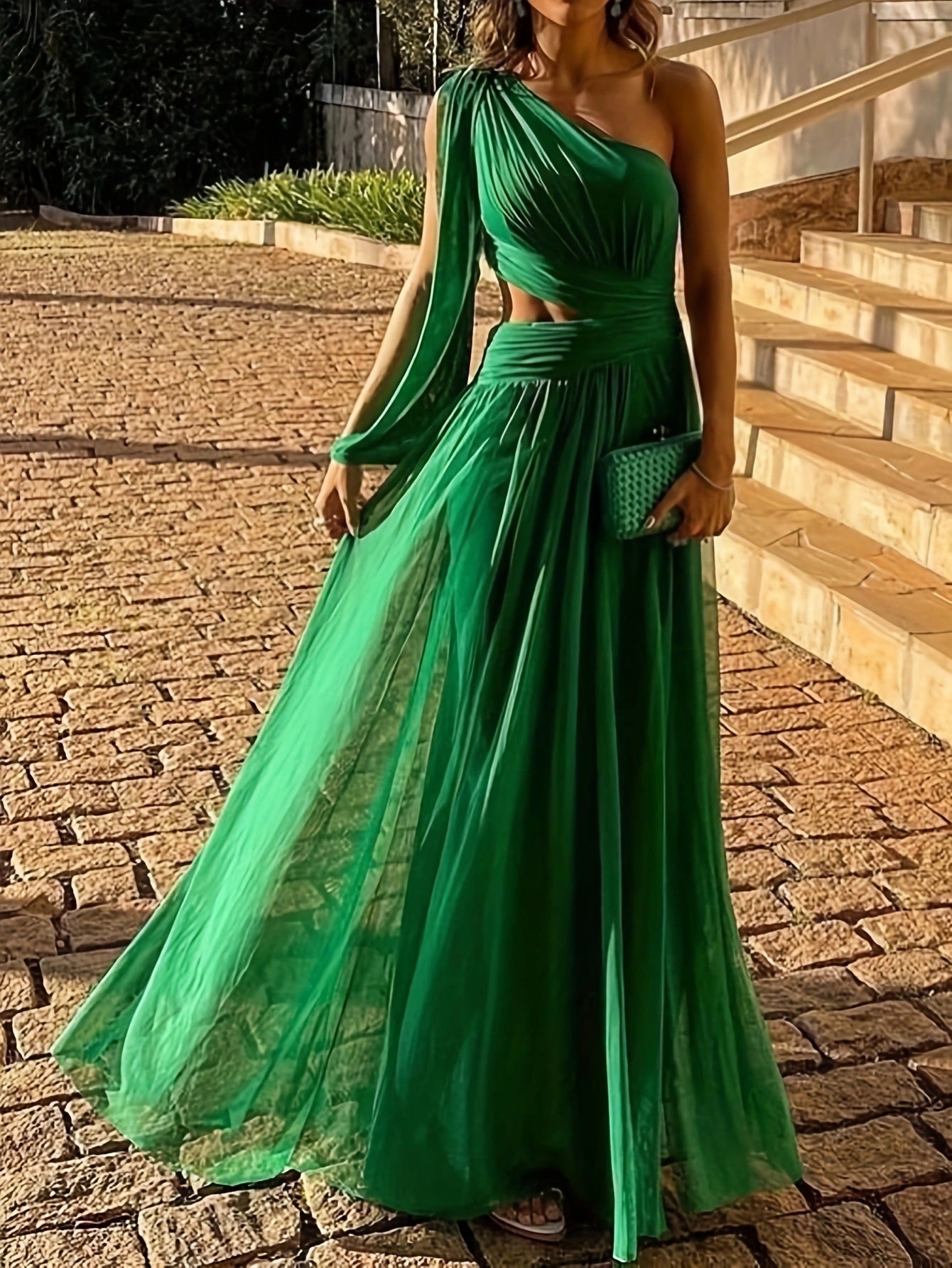 Solid Color Midriff Outfit Elegant Long Dress