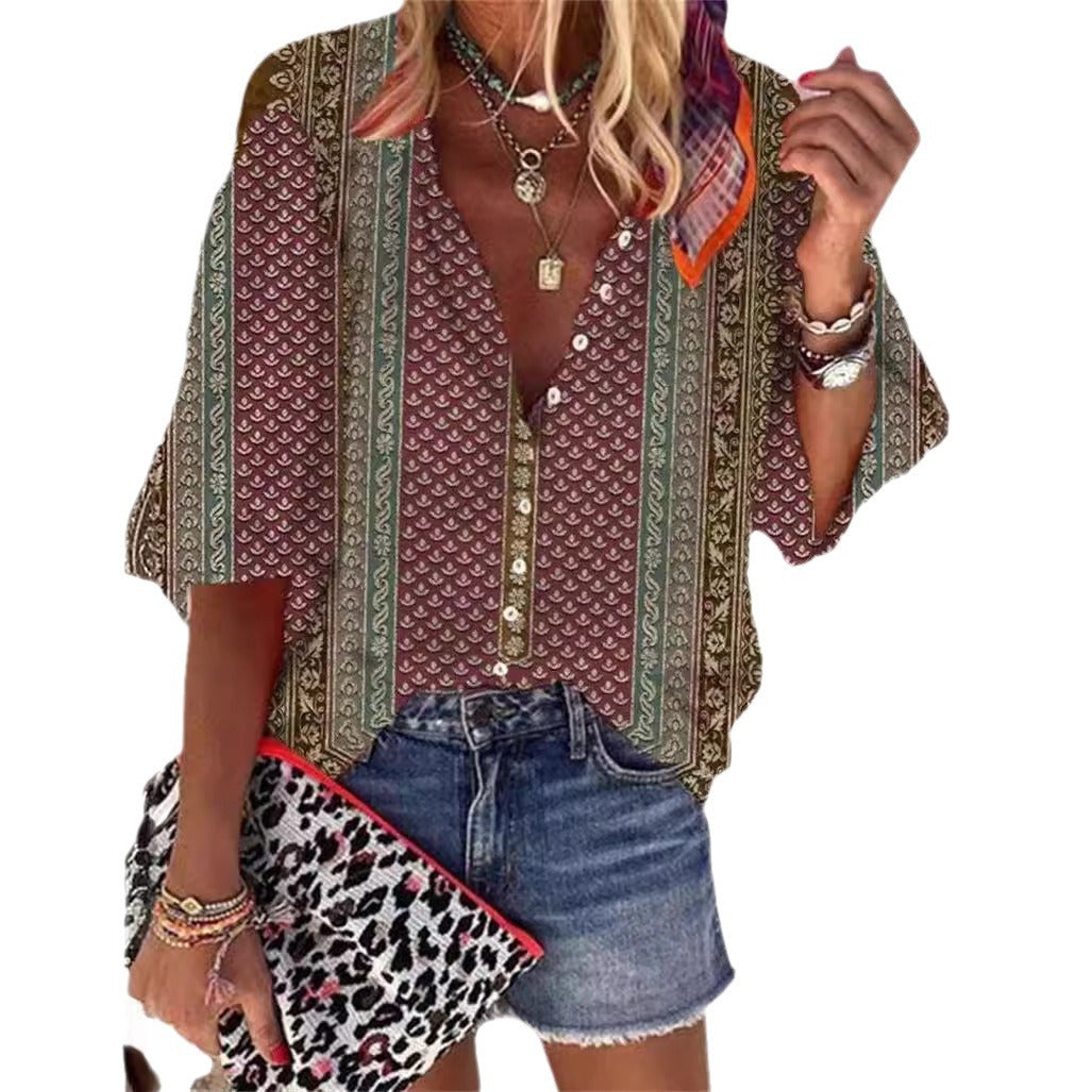 Women's Fashion Summer Stand Collar Loose Button Retro Blouses