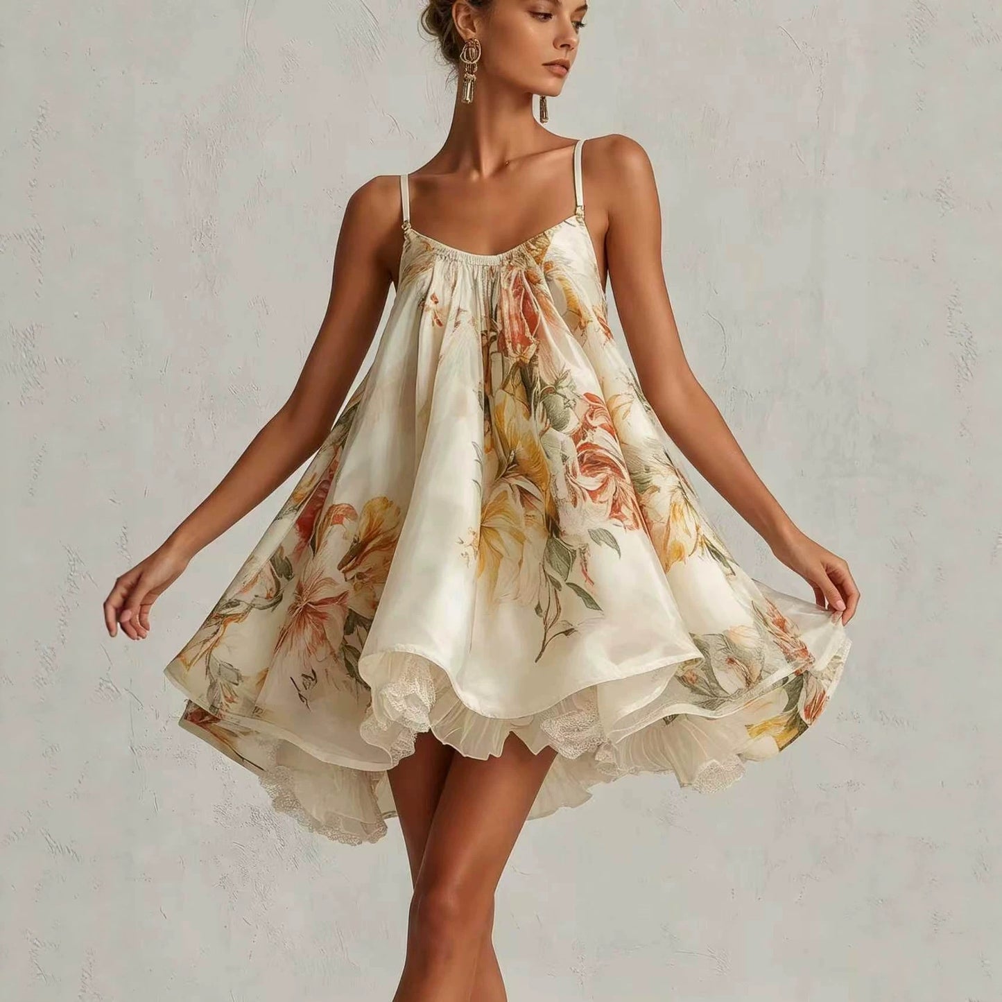 Women's Large Flower Loose Suspenders Puff French Lace Irregular Dress