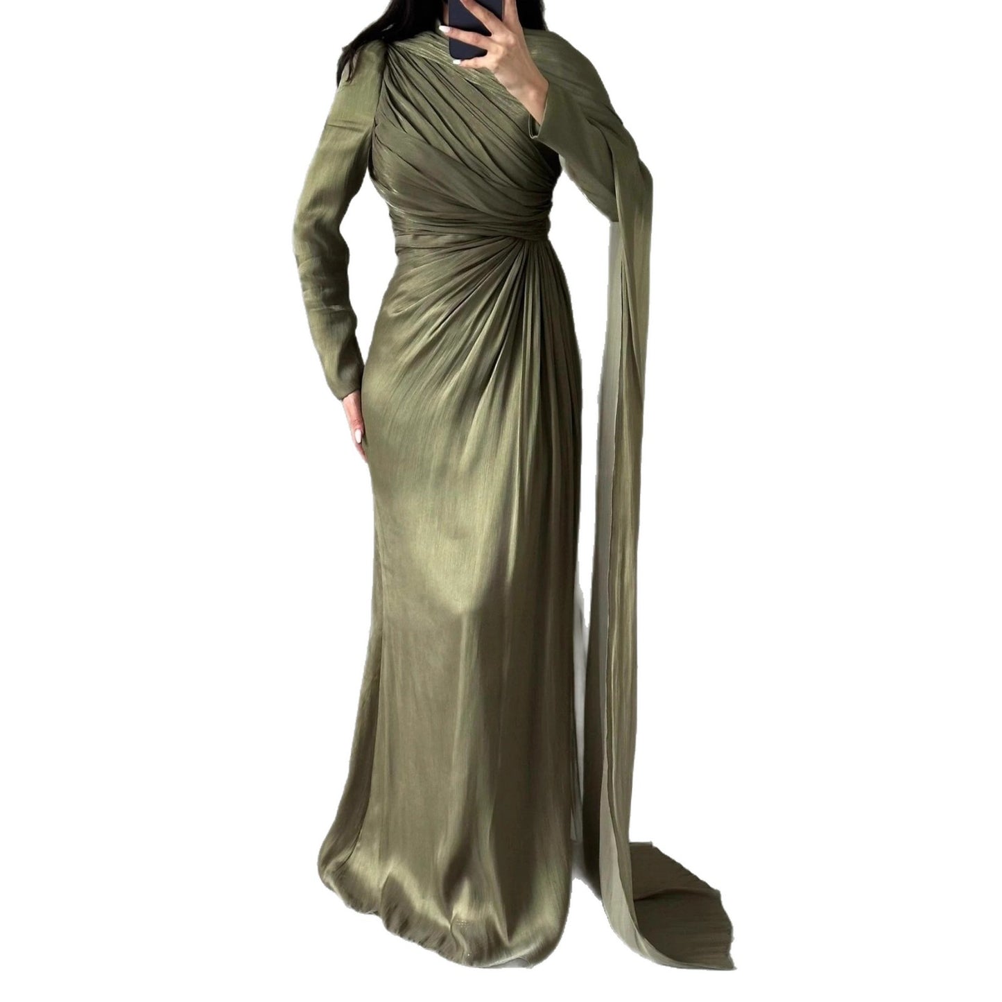 Women's Elegant Irregular Pleated Slim Green Dress Dresses