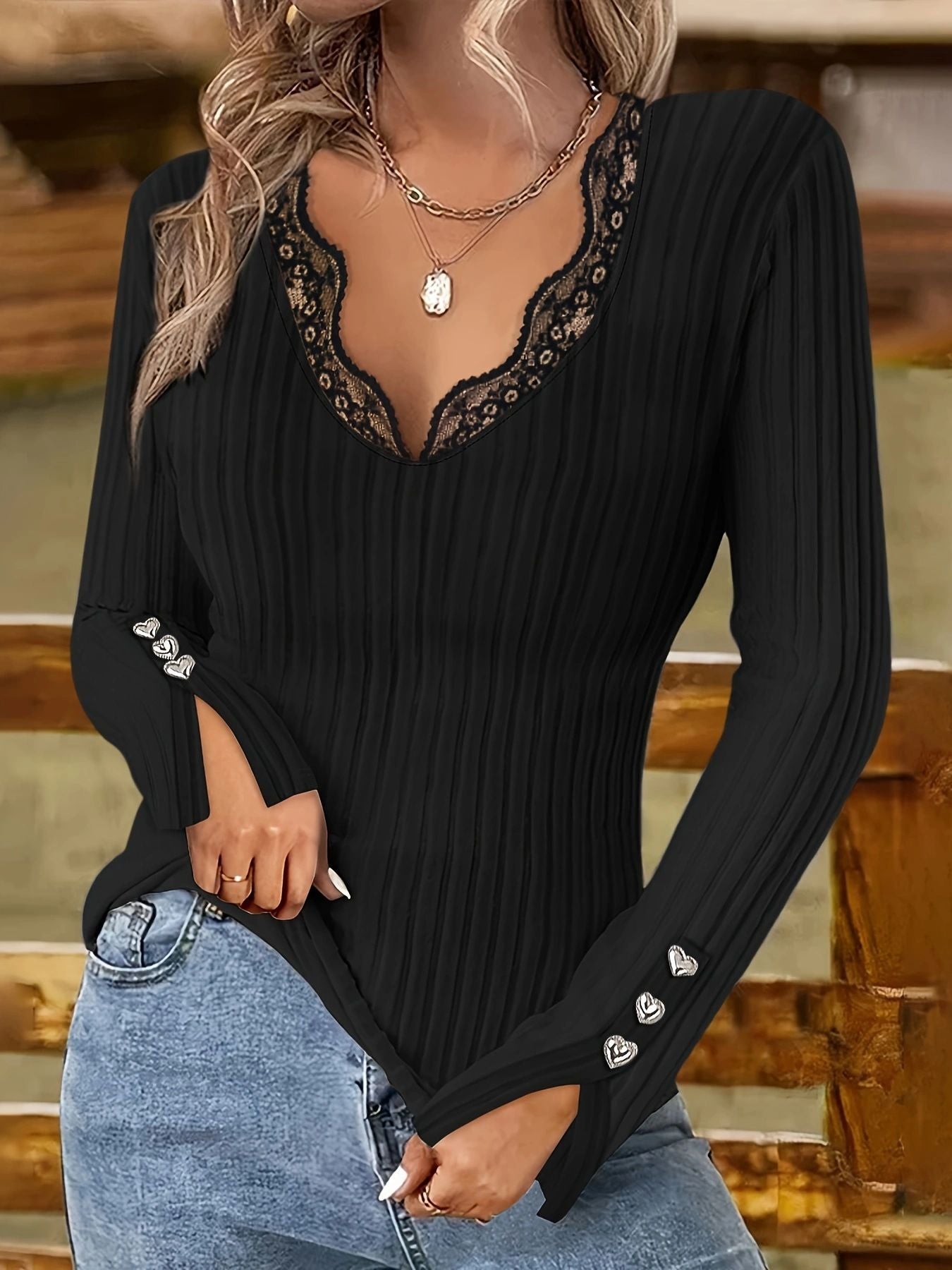 Women's Lace Stitching Fastener Decoration Long-sleeved Women's Sweater