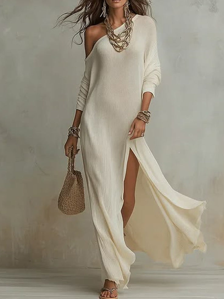 Women's Summer Elegant Long-sleeved Knitted Fold Split Dress