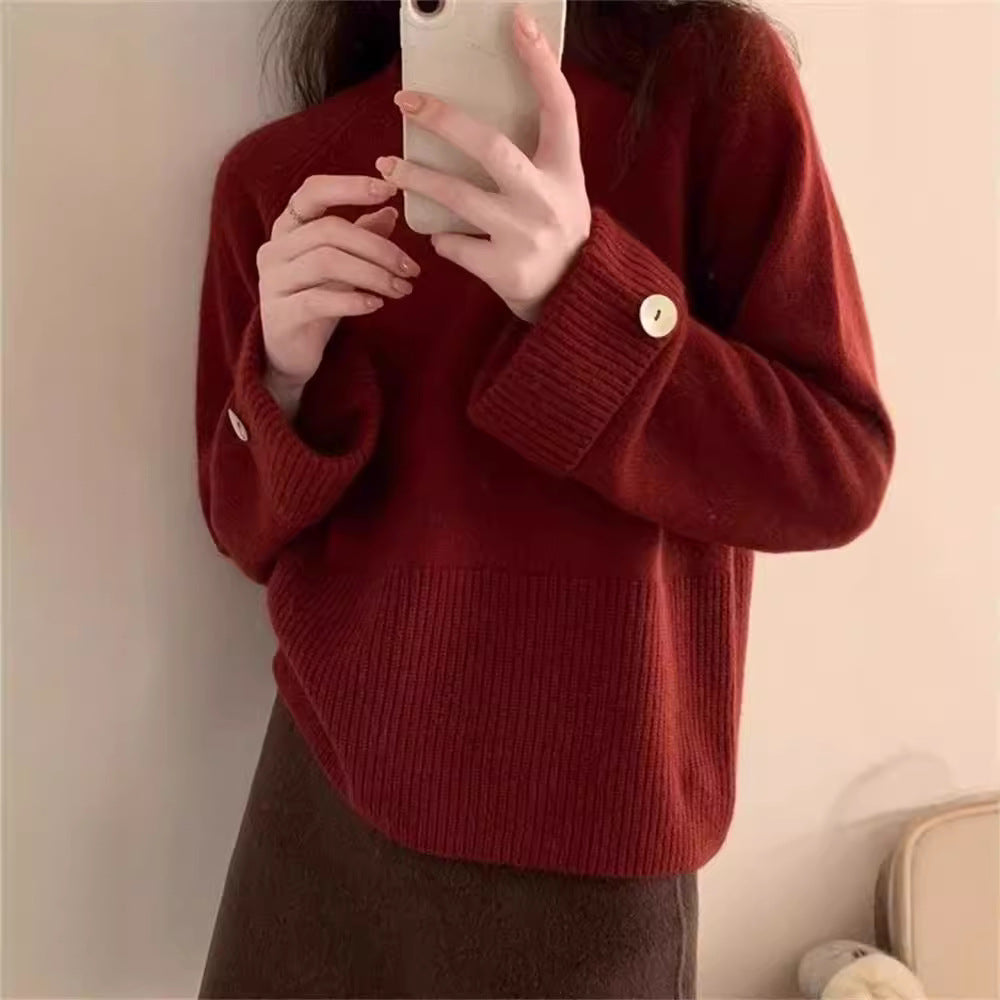 Women's Round Neck Pullover Thickened Niche Design Button Long Tops