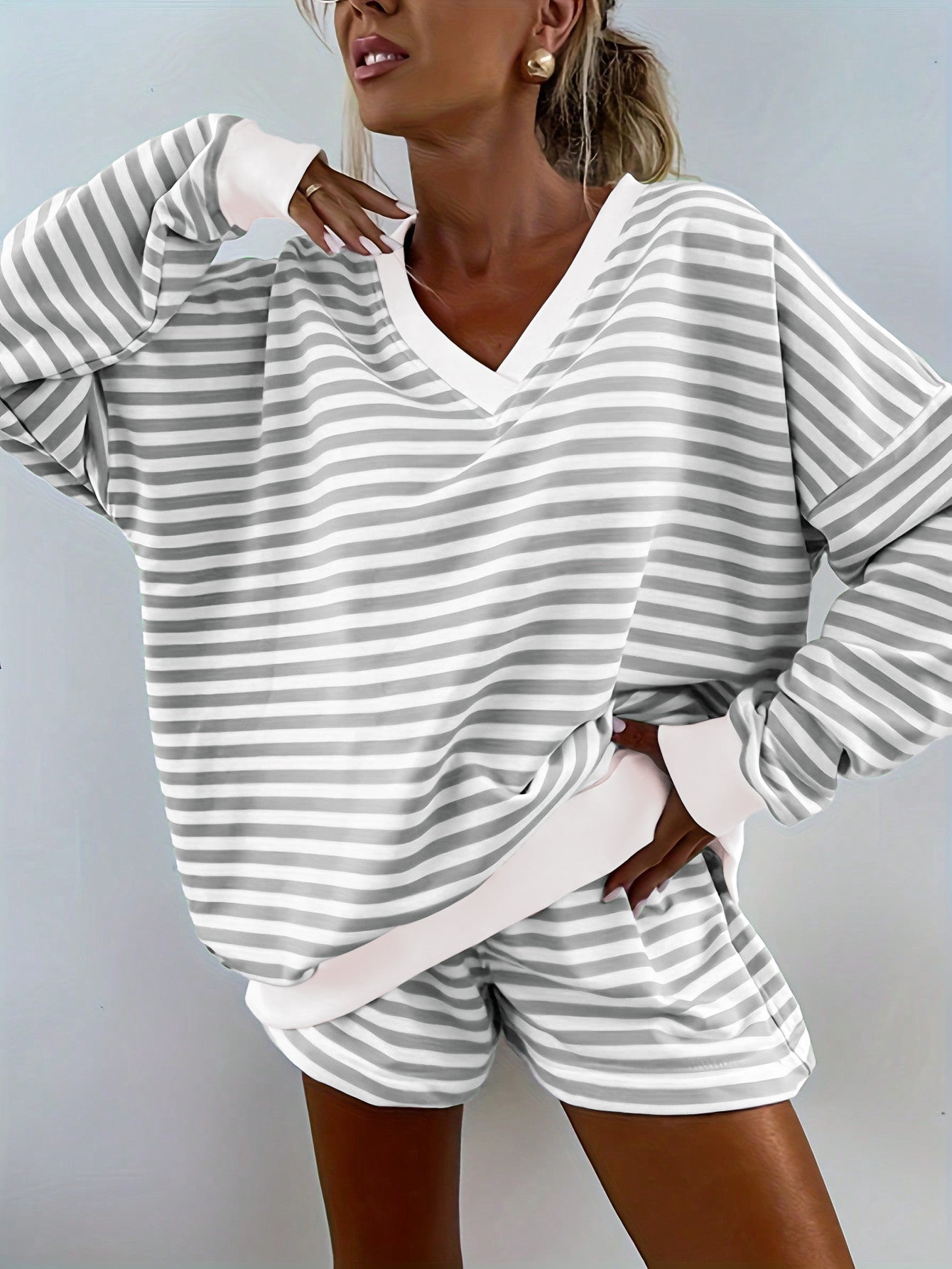 Women's Striped Casual Long-sleeved Elastic Waist Suits