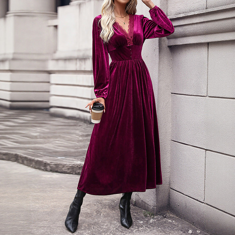 Classy Solid Color Veet Long-sleeved Dress Dresses