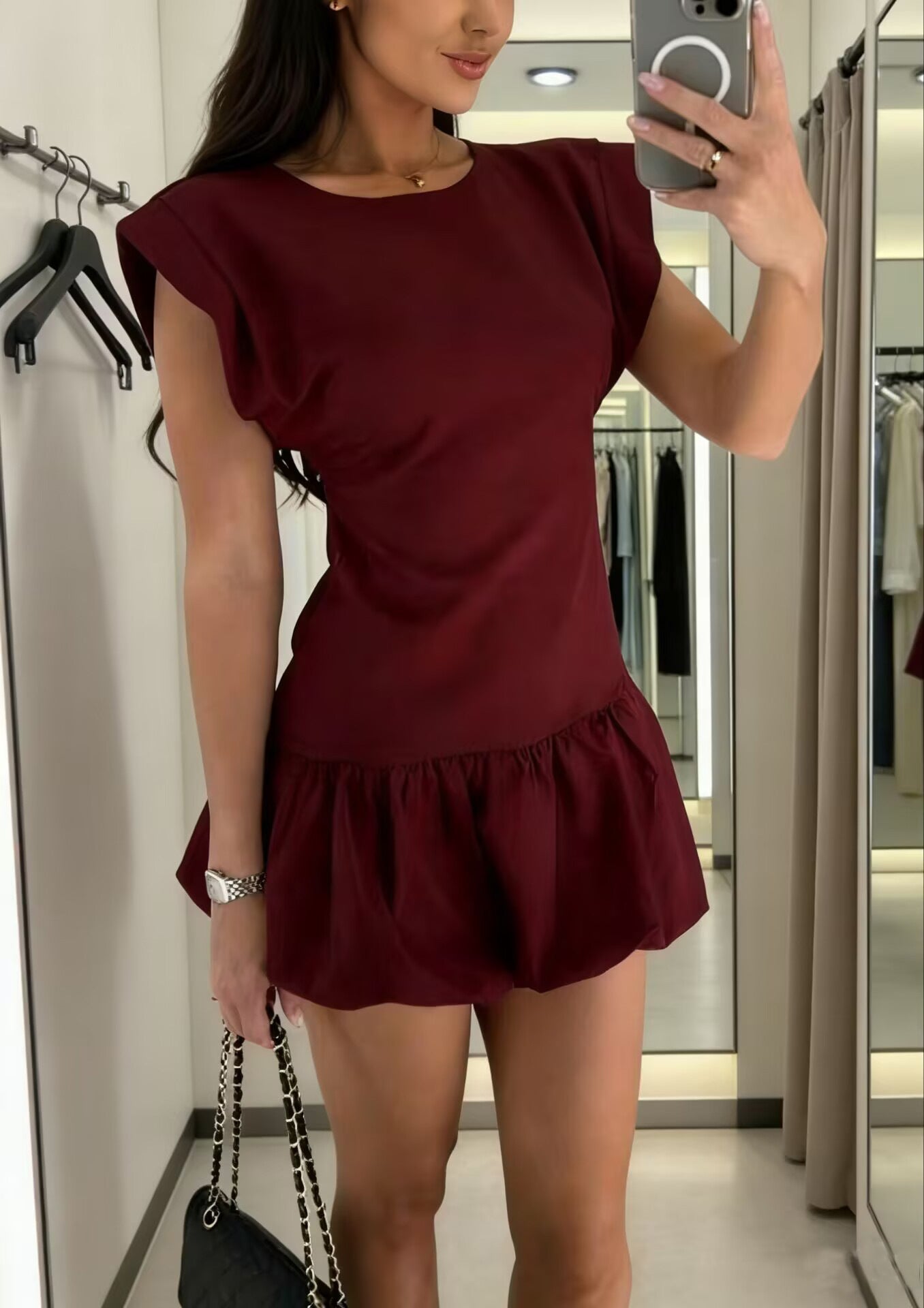 Women's Solid Color Fashion Short-sleeved Ruffled Dress