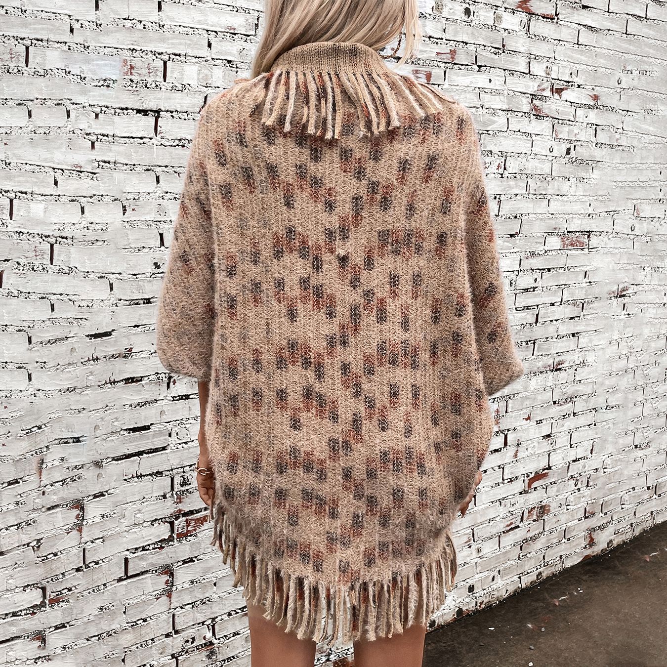 Women's Colored Plaid Knitted Tassel Shawl Casual Loose Women's Sweater