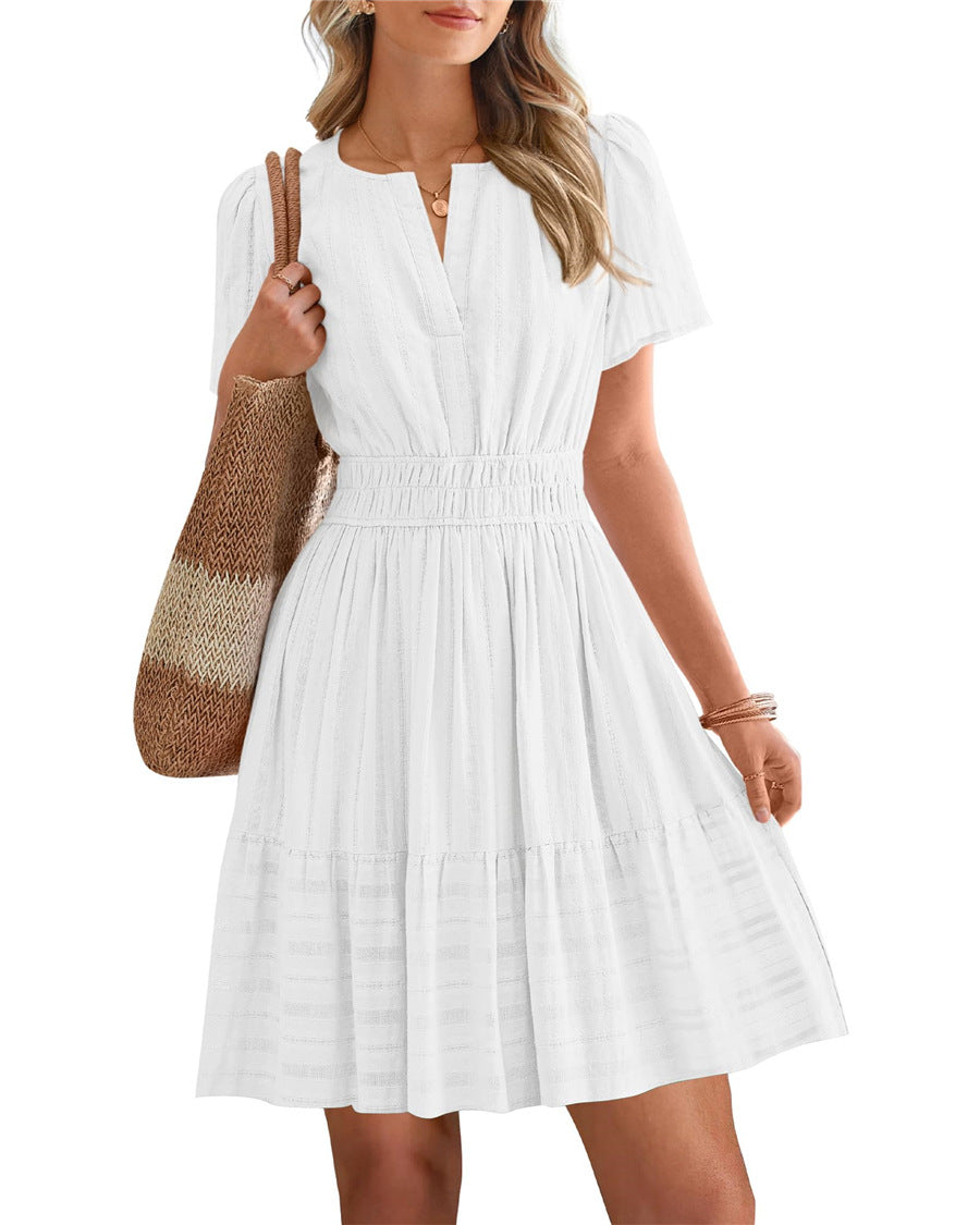 Women's Collar Pleating Puff Sleeve Large Swing Dress
