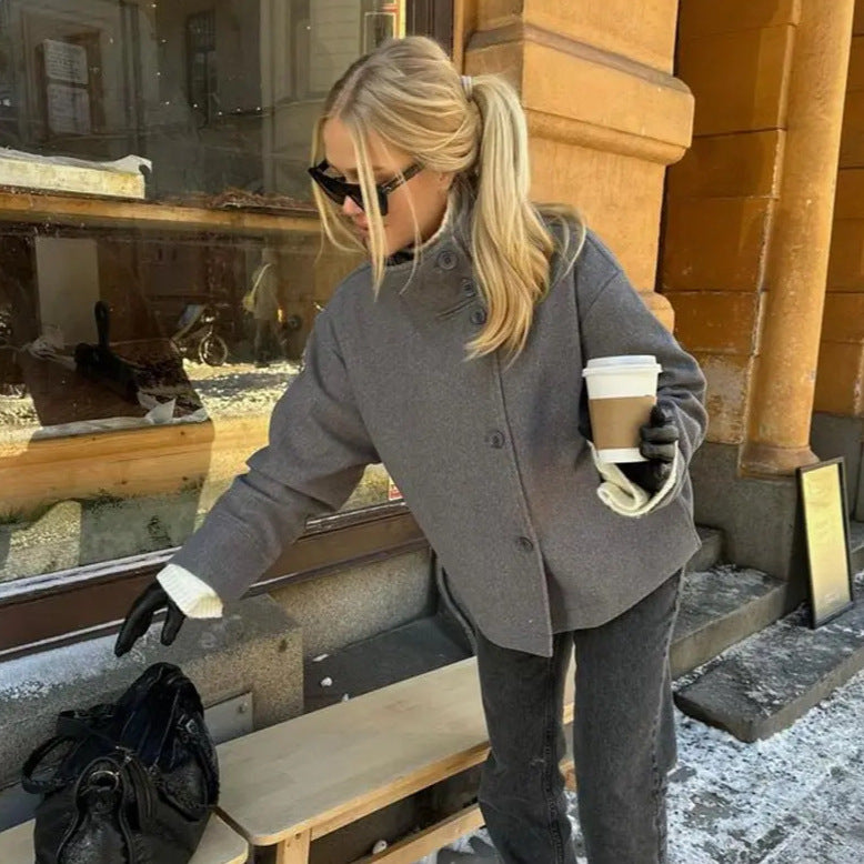 Women's Stand Collar Single-breasted Temperament Woolen Coats