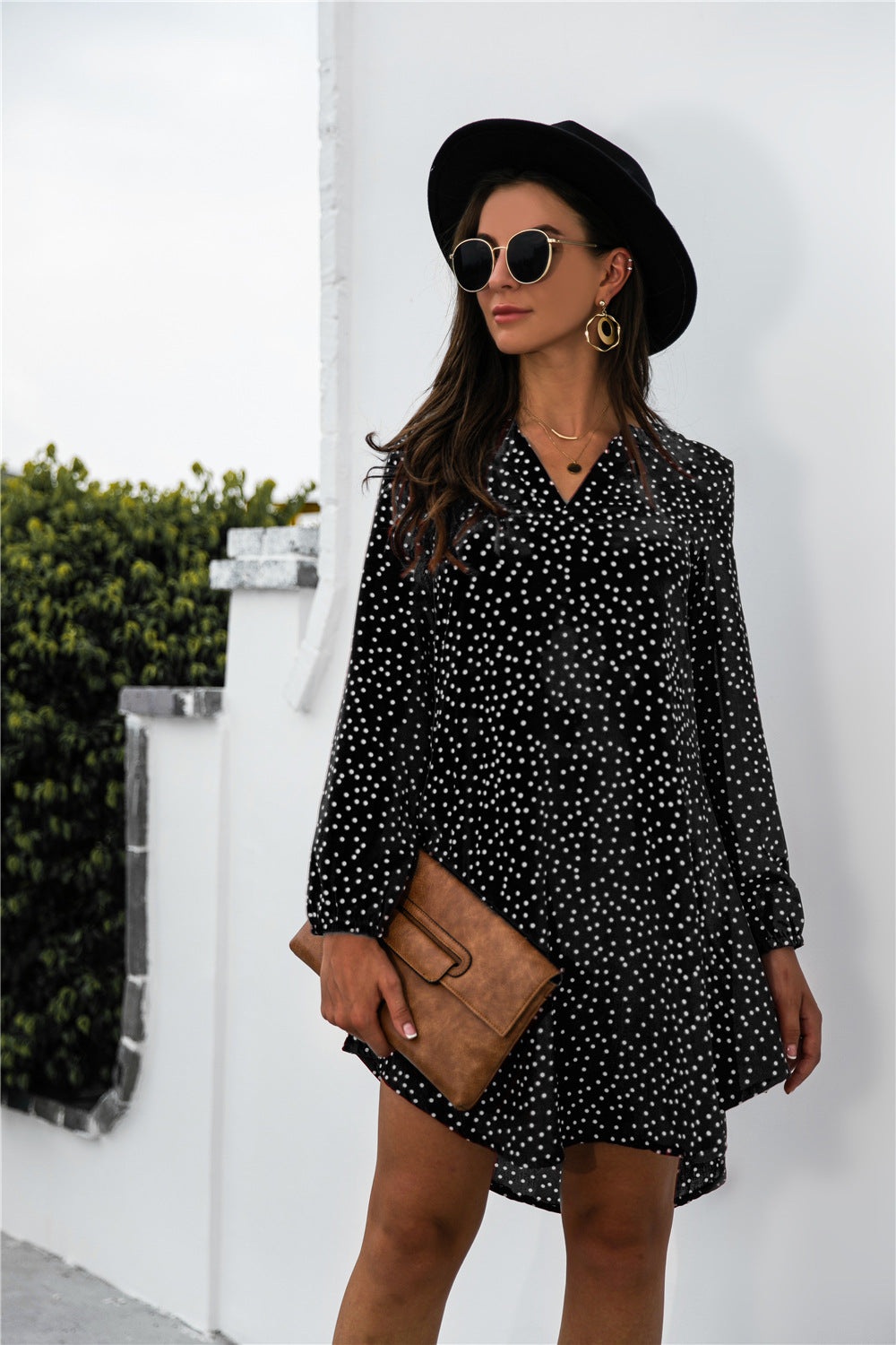 Women's Polka Dot Long Puff Sleeve Shirt Dress
