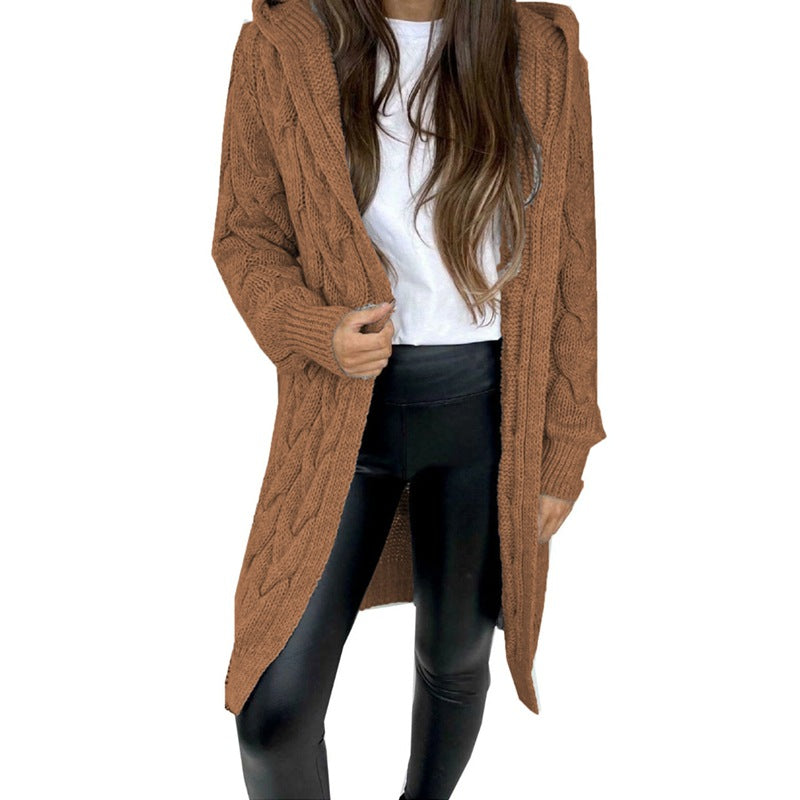 Mid-length Solid Color Twist Hooded Knit Women's Sweater