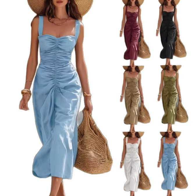 Imitation Cotton Linen Vacation Style Wide Shoulder Strap Dress