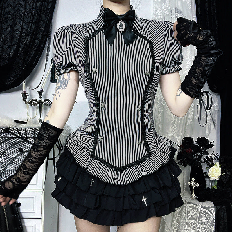 Dark Goth College Short-sleeved Shirt Sweet Blouses