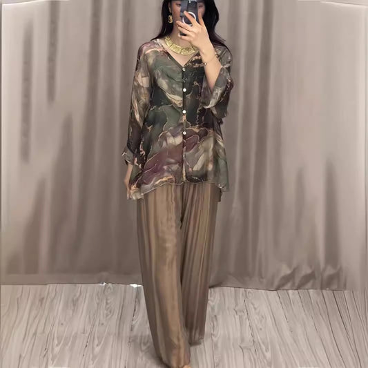 Women's Spring Fashion Printed Shirt Wide Leg Suits