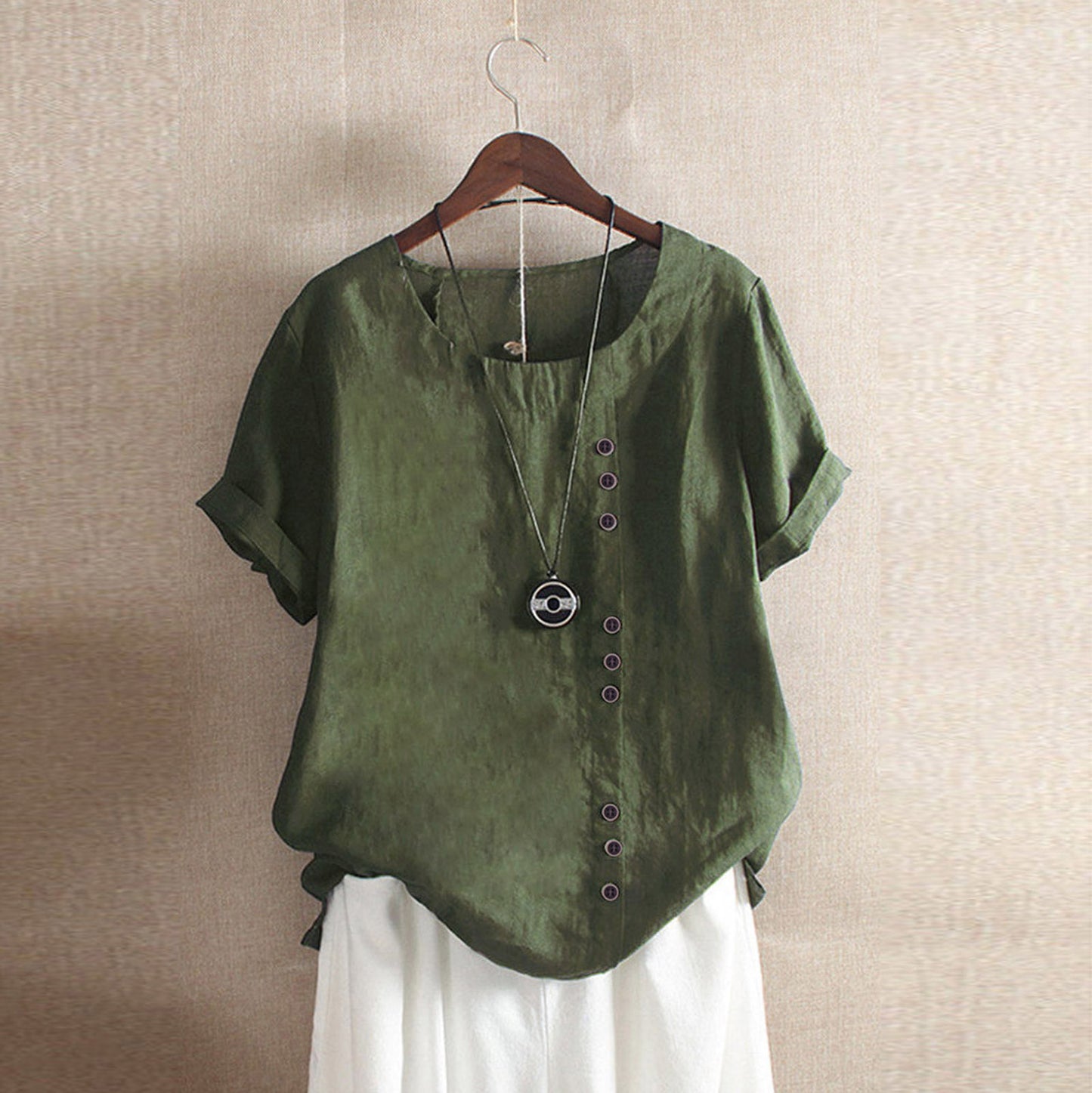 Women's Button Sleeve Casual Holiday Round Neck Regular Cotton Blouses